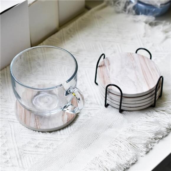 6Pcs Drink Coasters with Holder, Marble Style Ceramic Drink Coaster,Coasters Set - Picture 14 of 16
